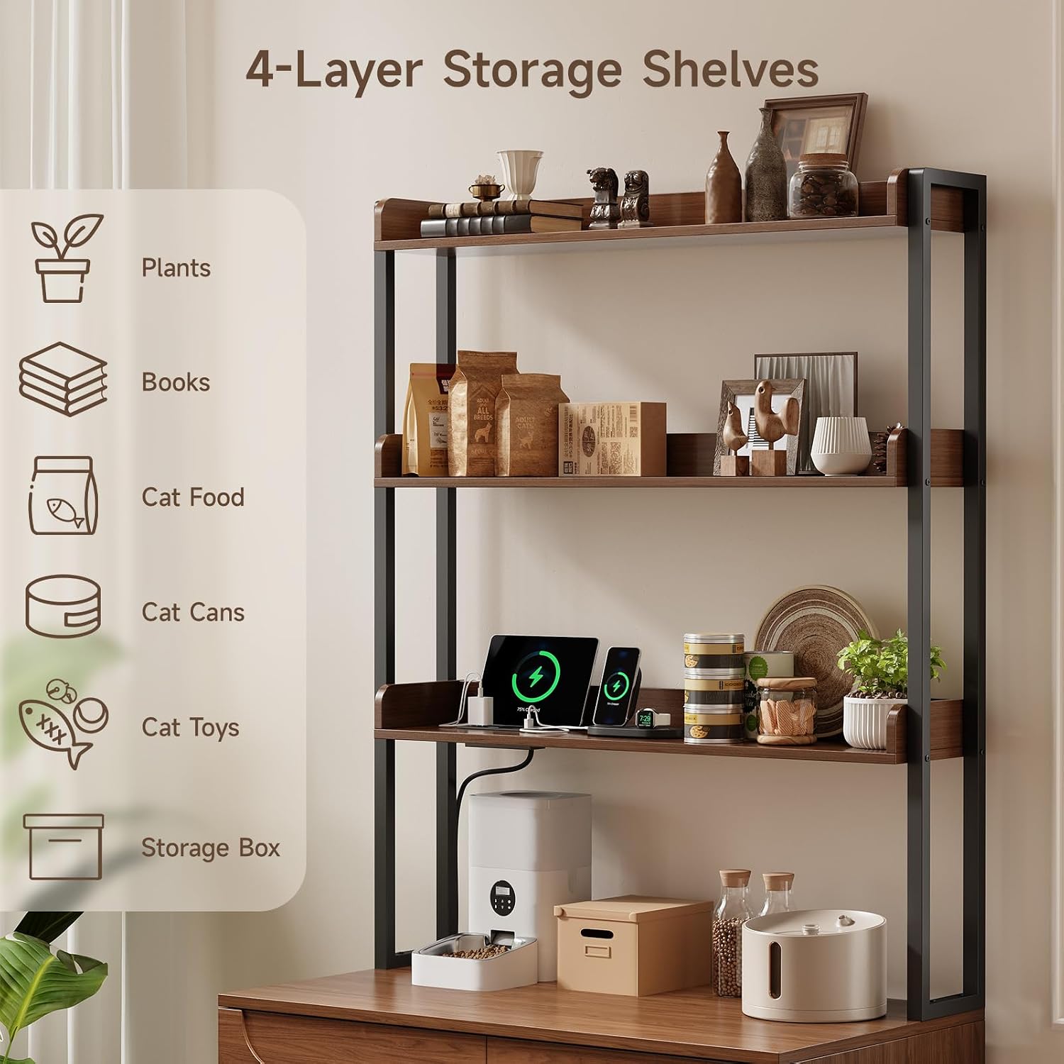 Image showing the 4-tier storage shelves filled with various items like plants, books, cat food, and cat toys.