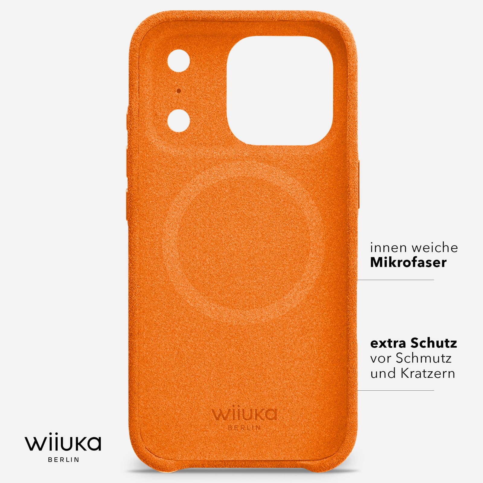 WIIUKA - Custodia protettiva in Alcantara per iPhone 17 Pro Max fatta a mano - Extra sottile - Alternativa alla pelle - Scio Alcantara - Arancione