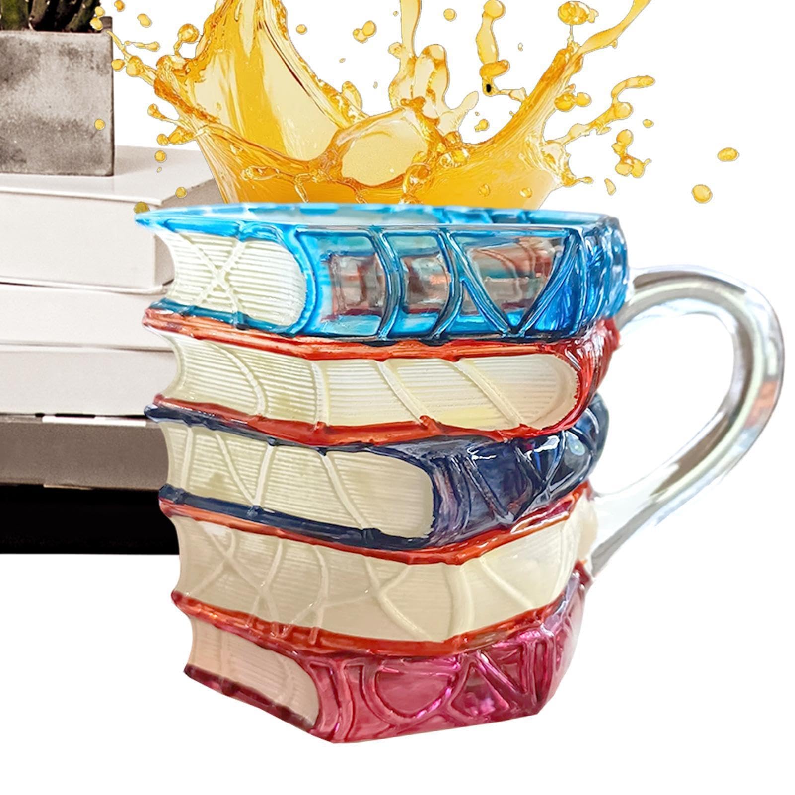 Muiltvoe Novelty 3D Painted Book Coffee Cup, Stained Glass Books Stack Mug, Painted Book Coffee Mug, for Creative Readers Teachers Literary Friends