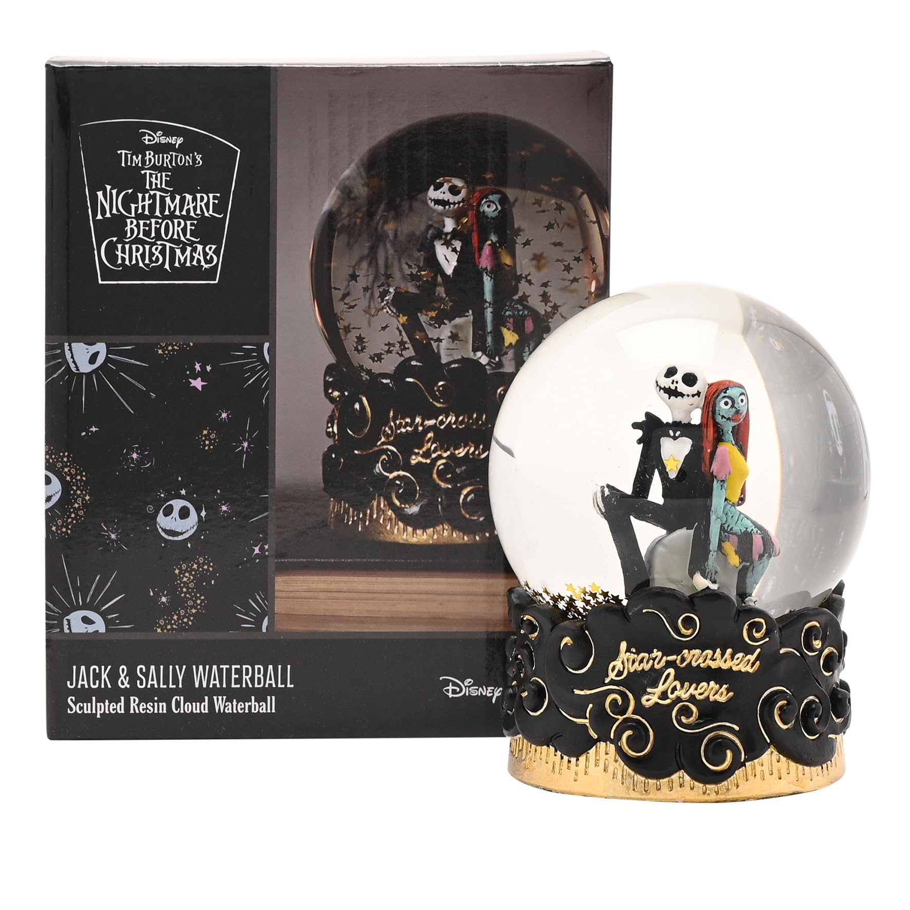 Boule à neige Disney L'Étrange Noël de monsieur Jack Skellington et Sally | Figurines Boule d'eau noire et dorée avec base gothique – Cadeau de collection pour les fans