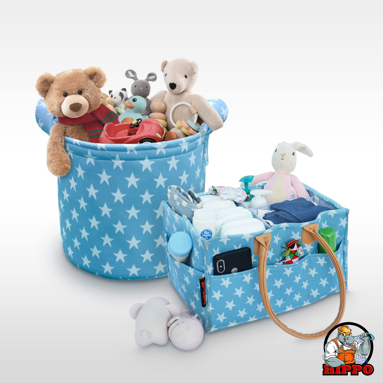 HIPPO 2IN1 Designer Polyester Diaper Caddy & Toy Bin Smart Combo for Newborn Babies Unbreakable Toy Bins Foldable Diaper Bag Large Capacity (Blue-Star, 1) - Image 2 thumbnail