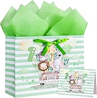 Vista 14 de WRAPAHOLIC Bolsa de regalo extra grande de 16.5 pulgadas con tarjeta y papel de seda, adorable diseño de dinosaurio para bebé, baby shower, fiesta