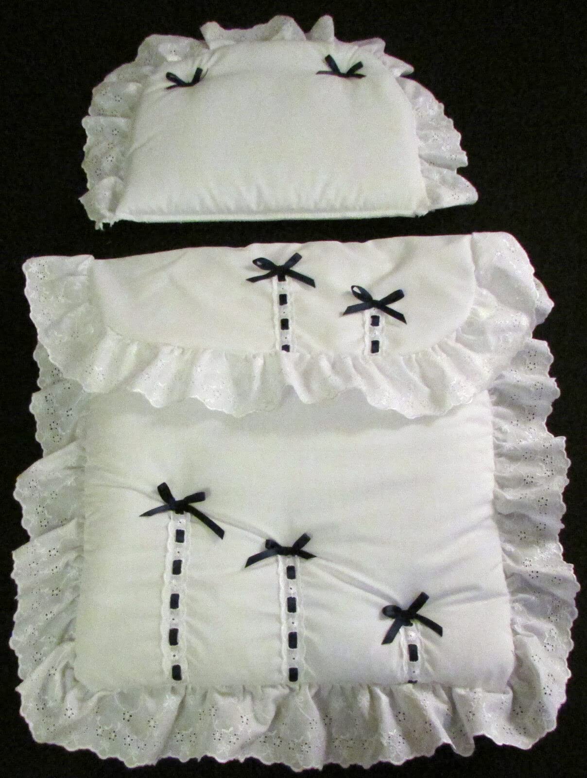 Bedding Set for Silver Cross Dolls Prams, Compatible with Oberon and Chatsworth Models (Navy Ribbon Design)