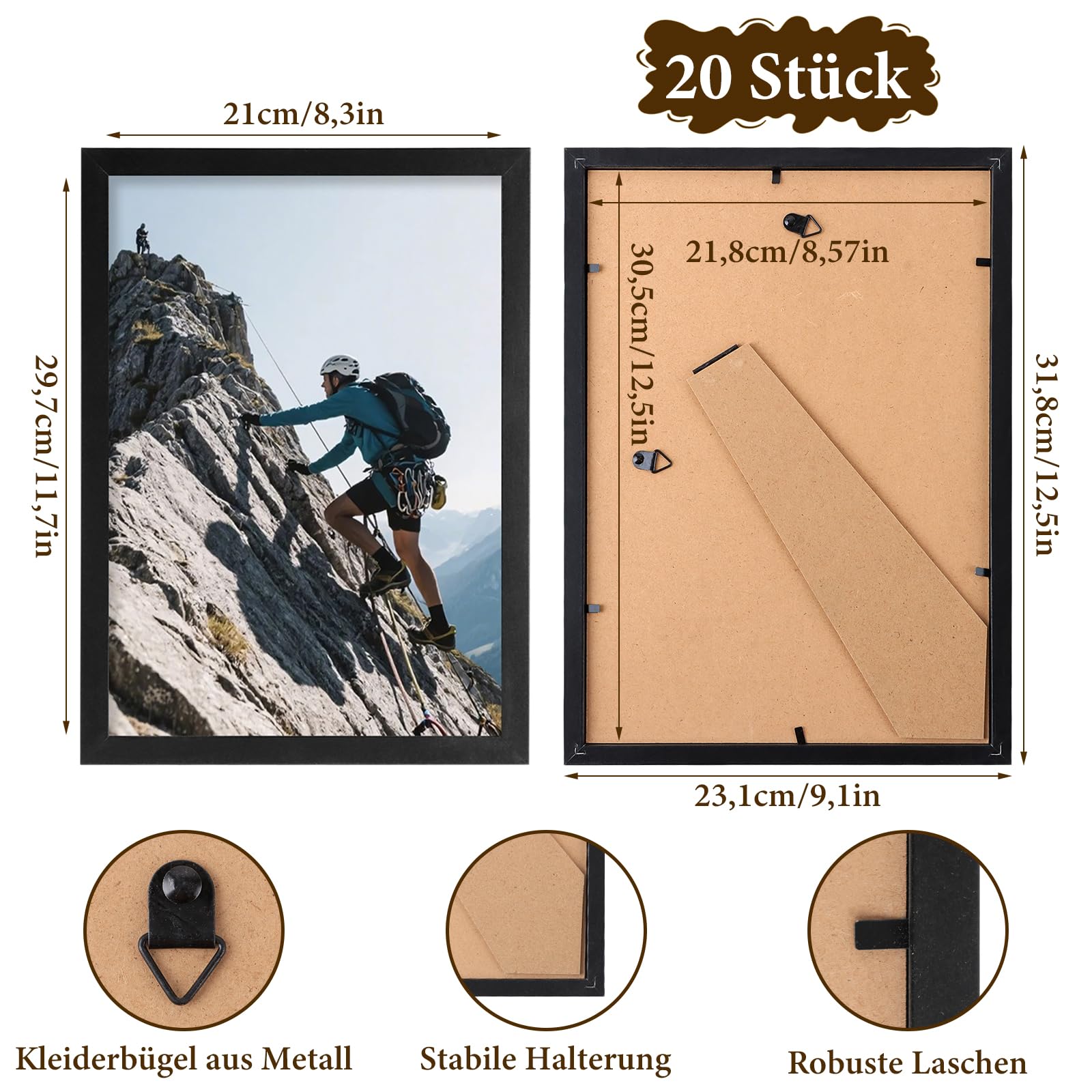20 Stück A4 Bilderrahmen 29x21 cm Schwarz Fotorahmen Collage Set für Wohnzimmer Schlafzimmer Kinderzimmer Büro Treppenhaus Flur, Wand- oder Tischaufsteller