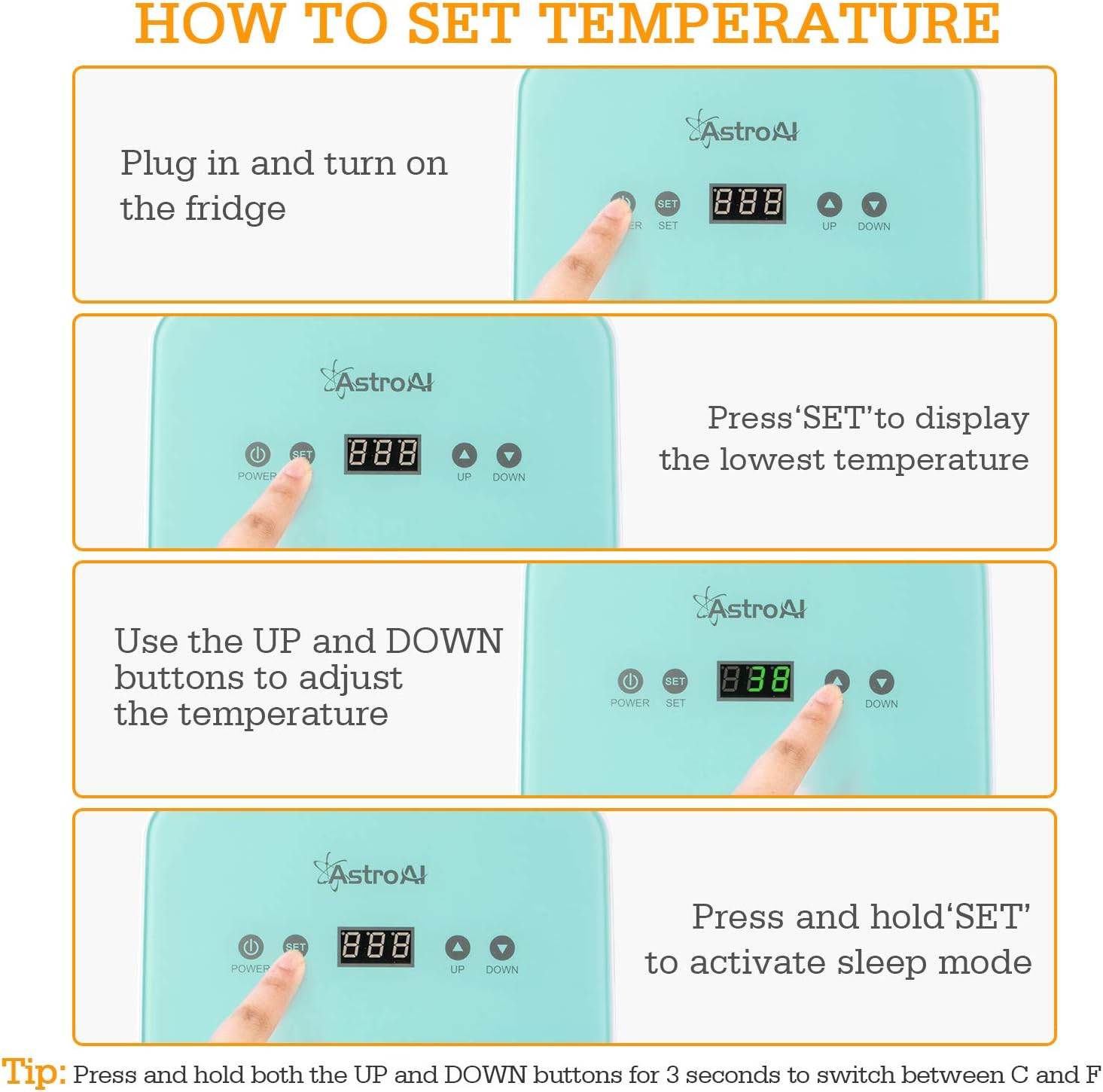 Instructions on how to set the temperature on the AstroAI M060G Mini Fridge.