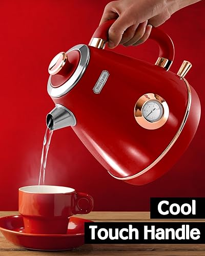 Miniatura 7 de Hazel Quinn Tetera eléctrica retro de 1.7 litros57.5 onzas con termómetro, acero inoxidable, de ebullición rápida de 1200 W, sin BPA, inalámbrico,