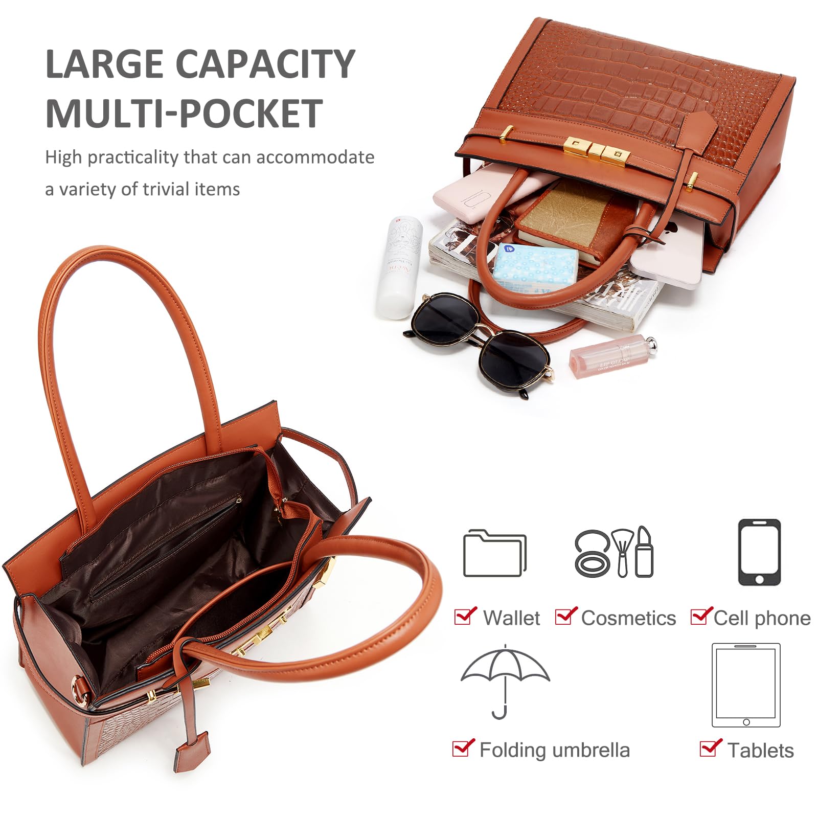 NICOLE & DORIS Bolsos Grande Mujer Bolso de Mano Cocodrilo Bolso Mujer 3 Piezas Bolso Bandolera Bolsos Shopper Totes Bolso de Hombro para Viajes Compras Trabajo Negro