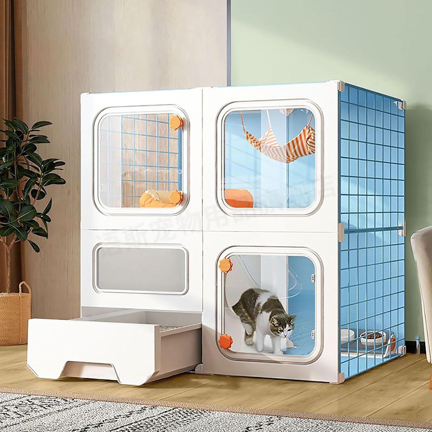 Indoor Cat Cage with Litter Box, Detachable Cattery & Hammock, DIY Kitten Enclosure for Small Pets, Ideal for Cats and Puppies (70x35x70cm)