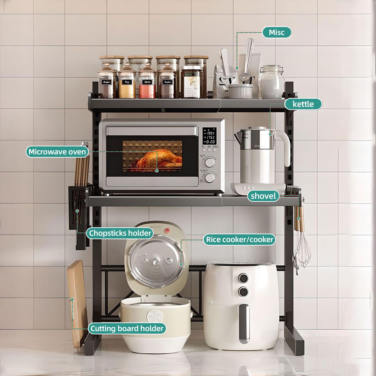 Mensola Microonde Estensibile 39-62CM Supporto per microonde espandibile a 2/3 livelli Acciaio Carbonio Ripiano Contatore Cucina Organizzatore Ripiani, 4 Ganci, Carico Pesante 25KG, Nero (3 livelli)