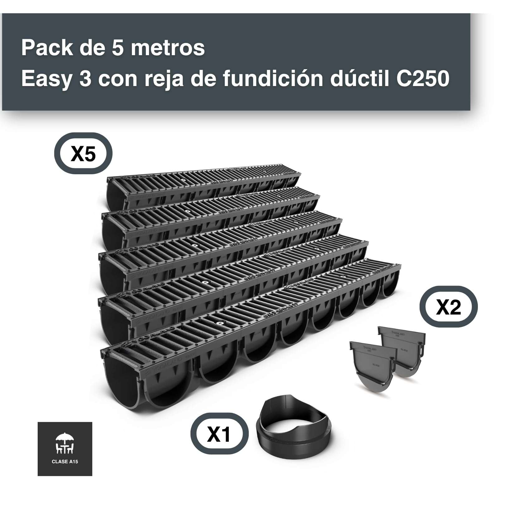 VODALAND Easy 3 - Canaleta de Desagüe con Rejilla de Fundición Dúctil | 5 Metros para Zonas de Alto Tránsito| Clase de Carga C250 | Sistema de Drenaje para Vehículos y Exteriores | Kit Completo
