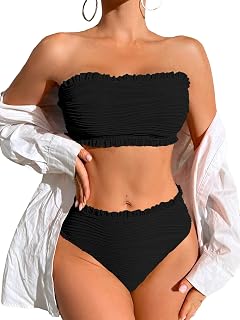 Women Strapless Bandeau Bikini Shell 2 Piece Swimwear Cheeky Solid Lace up Pom Bathing Suits