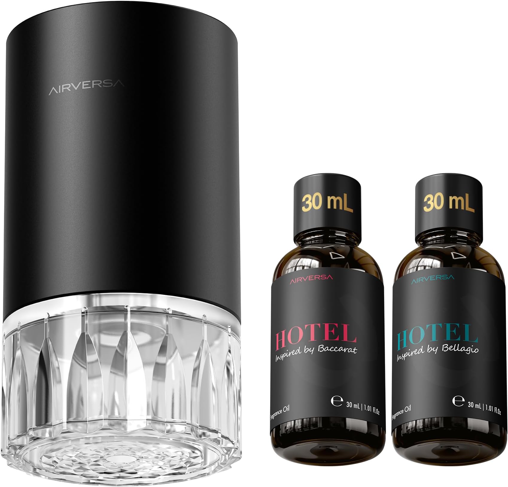 Airversa Waterless Essential Oil Diffuser Starter Kit with 2x30mL Hotel Scent Fragrance Oil for Home Room Desk Car, Battery Operated Scent Air Freshener Diffuser, 100mL Capacity, RD1 Kit Black