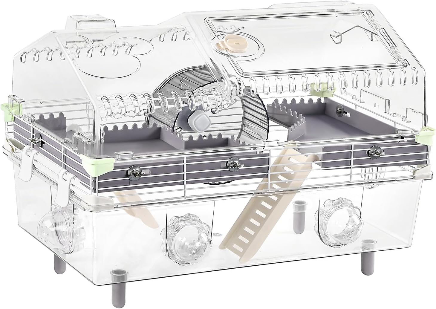 Large Multilevel Hamster Cage 22x12x15in for Dwarf Hamster Robo Hamster with 2 Platforms, Exercise Wheel, 3 Connectable Tube Ports, 2 Ladders, Sunroof Door, Plastic Metal Wire, Clear/Gray