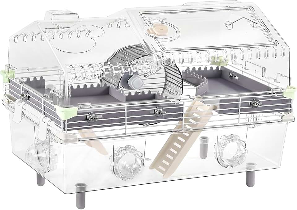 Large Multilevel Hamster Cage 22x12x15in for Dwarf Hamster Robo Hamster with 2 Platforms, Exercise Wheel, 3 Connectable Tube Ports, 2 Ladders, Sunroof Door, Plastic Metal Wire, Clear/Gray