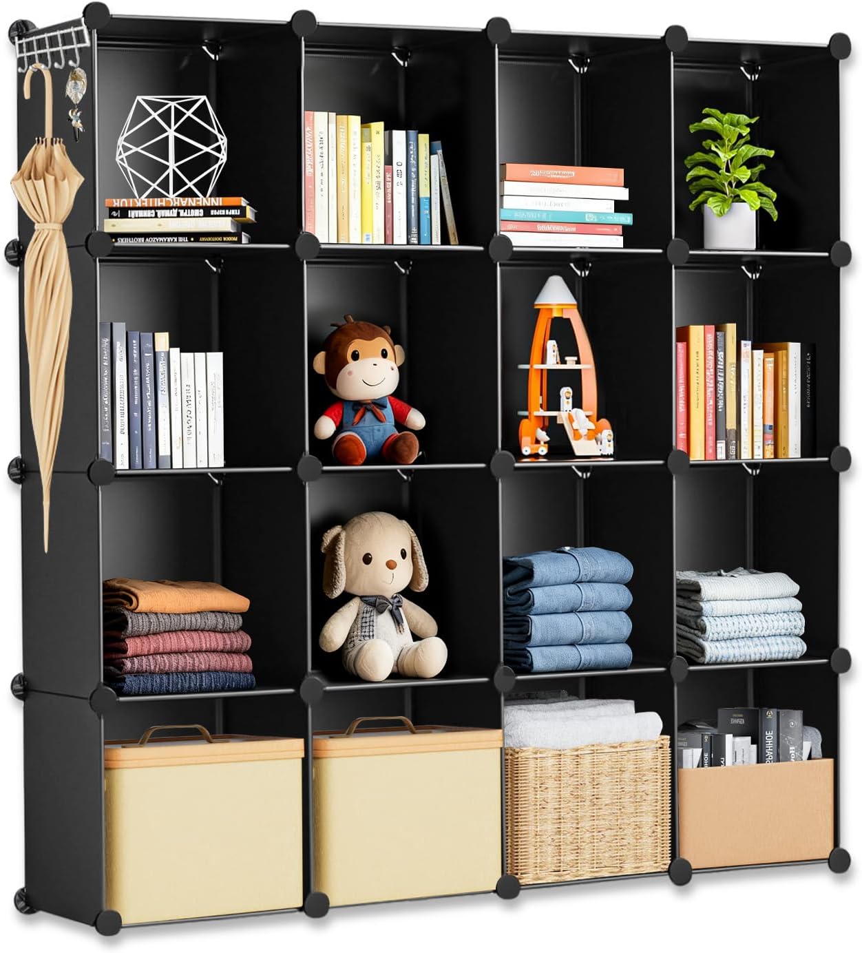 Whitmor 16 Cube Closet Organizers and Storage, Stackable Plastic Closet Shelves with Hooks & Mallet, DIY Clothes Organizer, Cube Bookshelf, Portable Storage Organizer for Bedroom, Home, Office, Black