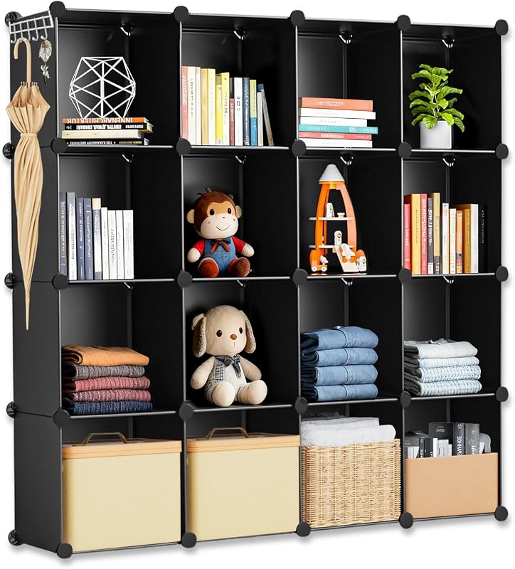 Whitmor 16 Cube Closet Organizers and Storage, Stackable Plastic Closet Shelves with Hooks & Mallet, DIY Clothes Organizer, Cube Bookshelf, Portable Storage Organizer for Bedroom, Home, Office, Black
