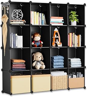 16 Cube Closet Organizers and Storage, Stackable Plastic Closet Shelves with Hooks & Mallet, DIY Clothes Organizer, Cube Bookshelf, Portable Storage Organizer for Bedroom, Home, Office, Black