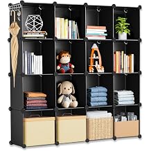 Whitmor 16 Cube Closet Organizers and Storage, Stackable Plastic Closet Shelves with Hooks & Mallet, DIY Clothes Organizer, Cube Bookshelf, Portable Storage Organizer for Bedroom, Home, Office, Black