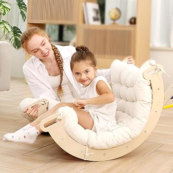 Ymonlia 2 in 1 Montessori Climbing Arch for Toddlers,Rainbow Wooden Climbing Arch Rocker& Cushion,Climbing Triangle Ramp,Montessori Climbing Gym for Kids 0-8