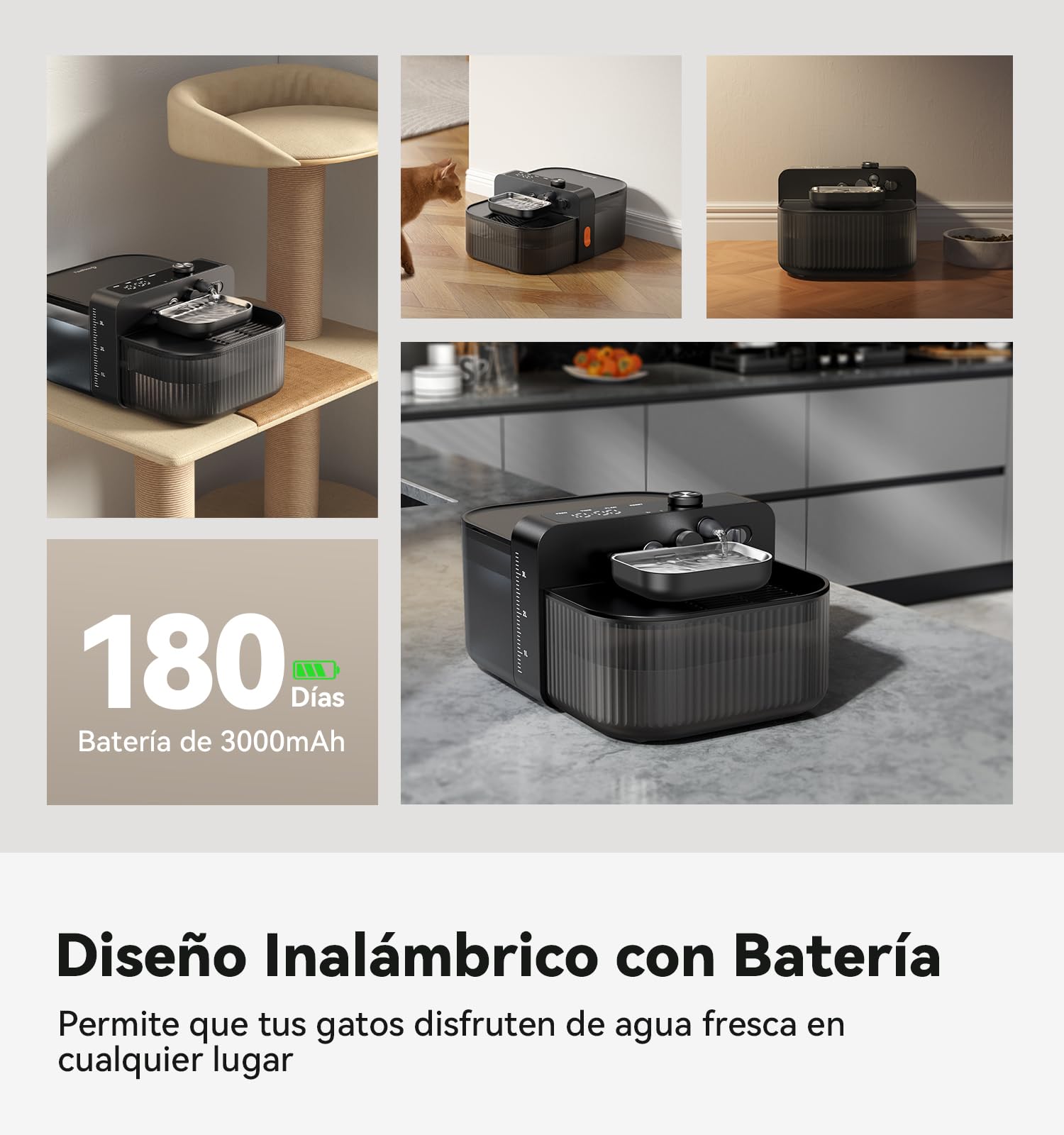 FEELNEEDY 3,5L Fuente para Gatos sin Cable y sin Filtro con Batería 3000mAh, Sin Mantenimiento Costoso, Bebedero Gatos Inalámbrico con Separación del Agua Limpia y del Agua Usada