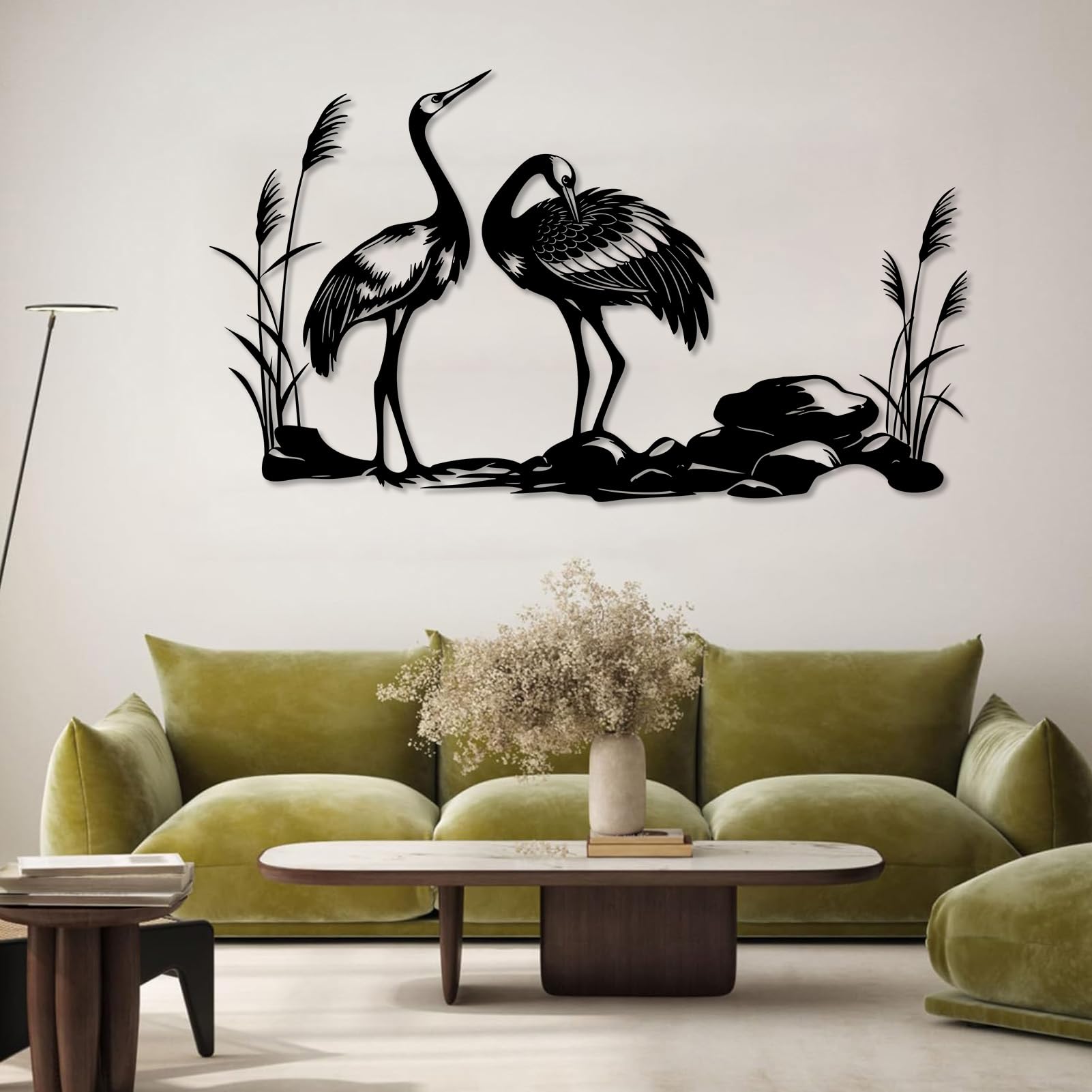 Großes abstraktes Wandbild aus Metall, Kranichmotiv, japanische Kranichdekoration, Wildtiermotiv für Wohnzimmer, Schlafzimmer (Gold, 150 x 86 cm)