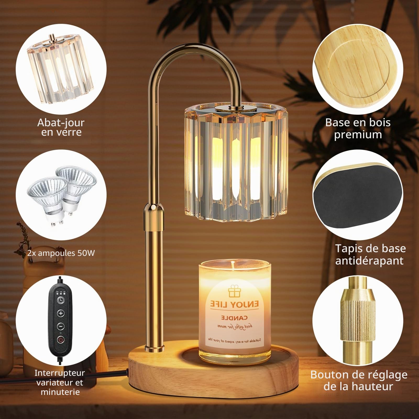 Loowoko Lampe Chauffe Bougie, Chauffage Bougie avec Minuterie et Variateur,Réglable en Hauteur,avec 2 Ampoules,Candle Warmer Lamp pour Bougies Parfumées en Verre, Maison, Chambre, Décoration