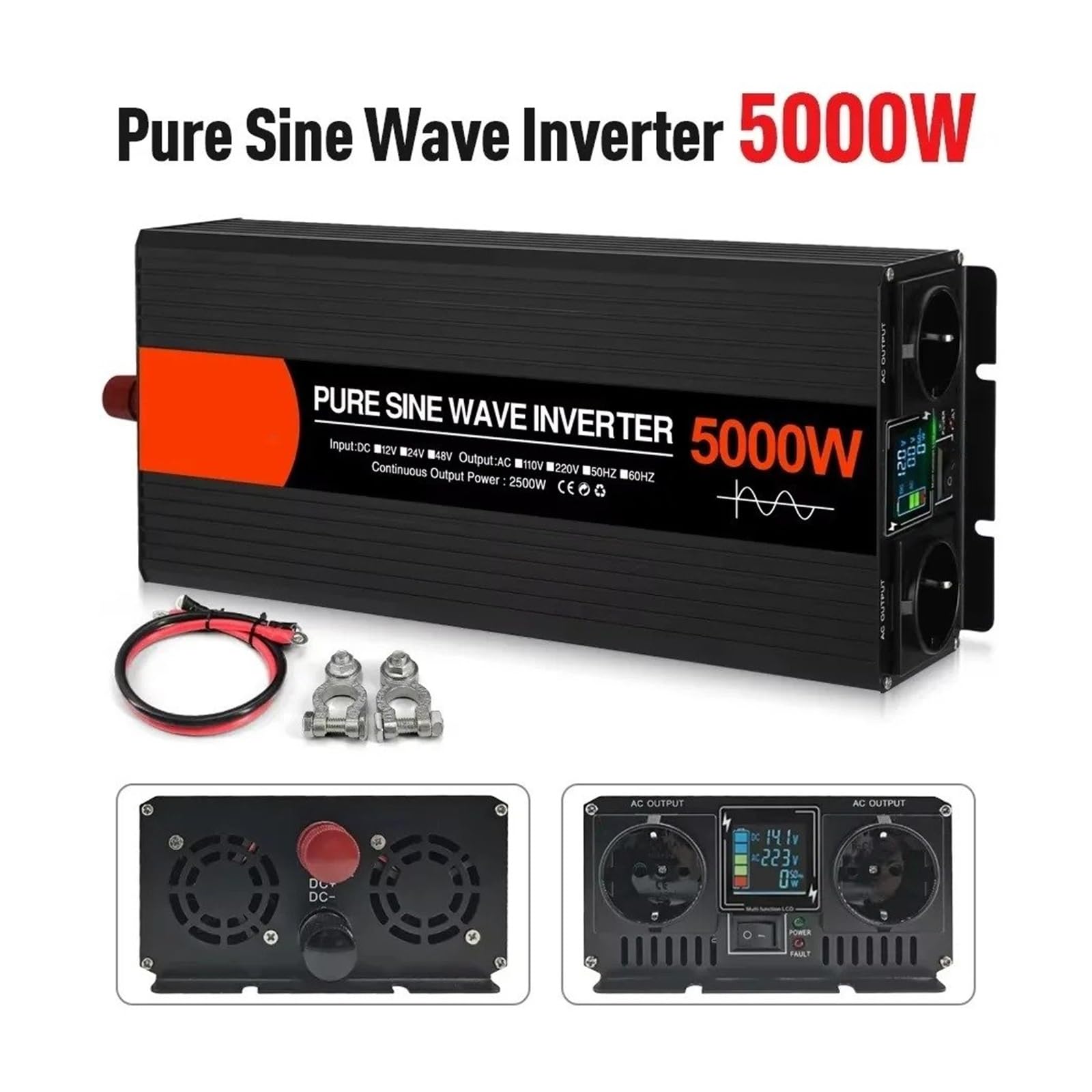 Inversores Onda Sinusoidal Pura con Doble Enchufe Europeo para Coche Convertidores Voltaje CC 12 V 24 V 48 V A CA 220 V 4000 W 5000 W 6000 W(12V,220V 60Hz,5000W (Rated 2500W))