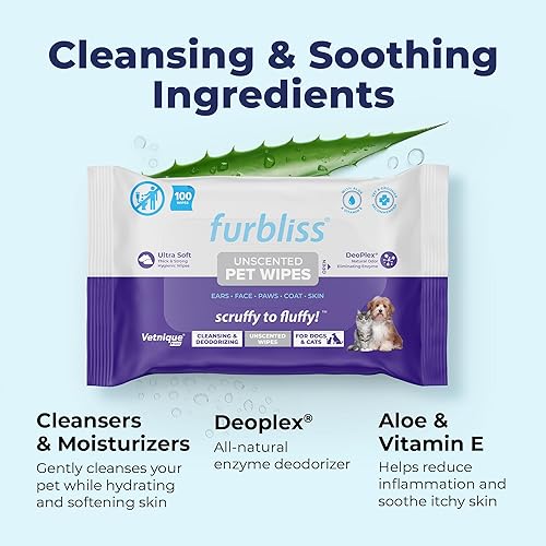 Vista 3 de Vetnique Labs Furbliss - Toallitas higiénicas para mascotas para perros y gatos, limpieza y desodorización, toallitas gruesas hipoalergénicas