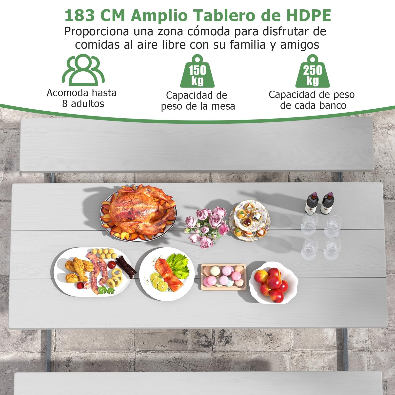 COSTWAY Conjunto Mesa y Banco de Picnic de 8 Personas, 2 Bancos con Marco de Metal y Mesa de HDPE, Mesa y Sillas Camping, Orificio para Sombrilla, 183 x 161 x 76 cm (Gris)