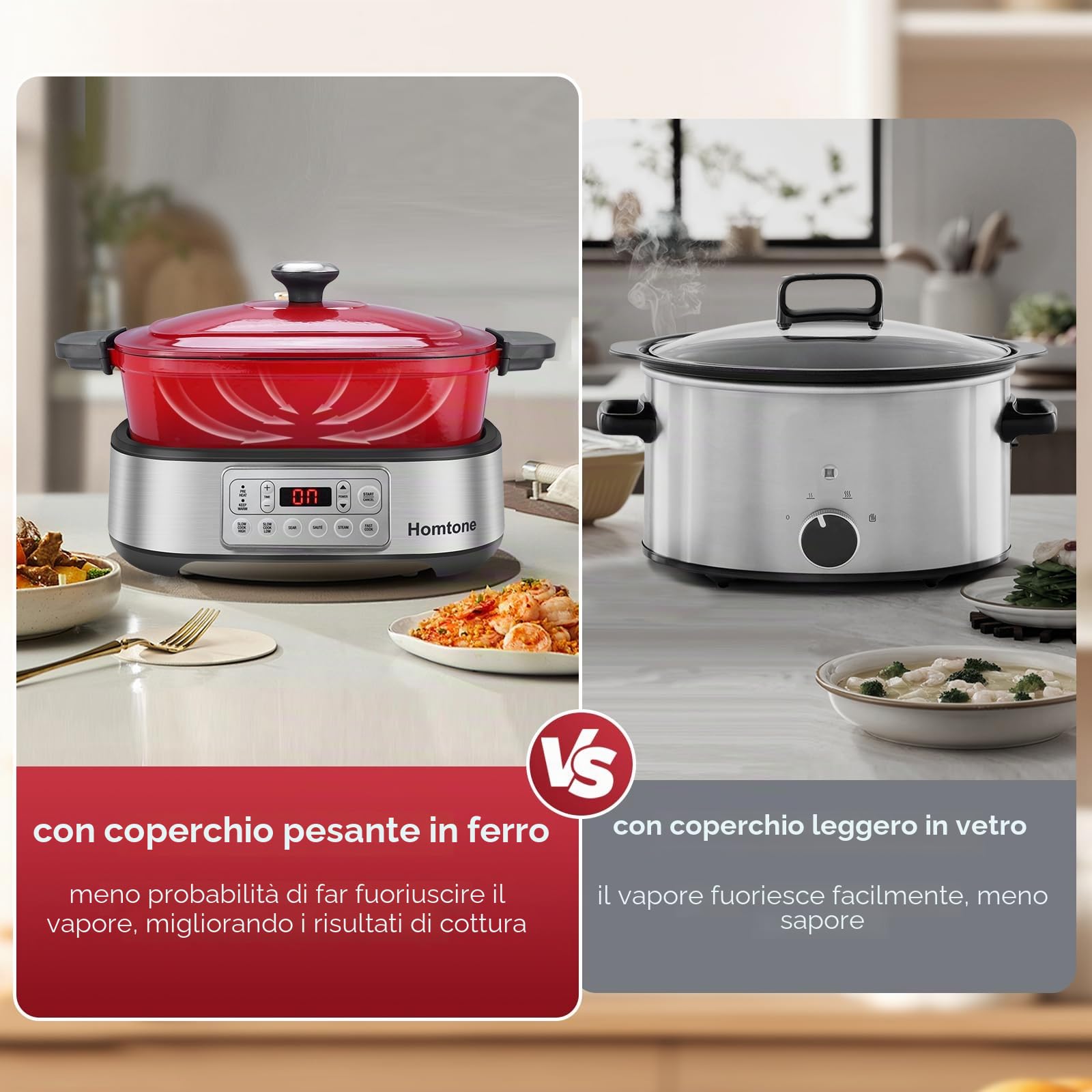 Homtone Casseruola 6 in 1 Slow Cooker, 5,5 l, programmabile, smaltata rimovibile, rivestimento in ceramica, cottura lenta, rosola, cottura a vapore con griglia a vapore, rosso