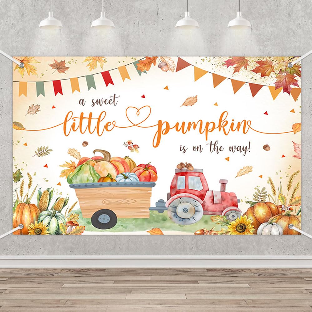 MEHOFOND Fall Little Pumpkin Baby Shower Banner Backdrop Red Tractor Maple Leaf a Sweet Little Pumpkin is on the Way Photo Background Autumn Baby