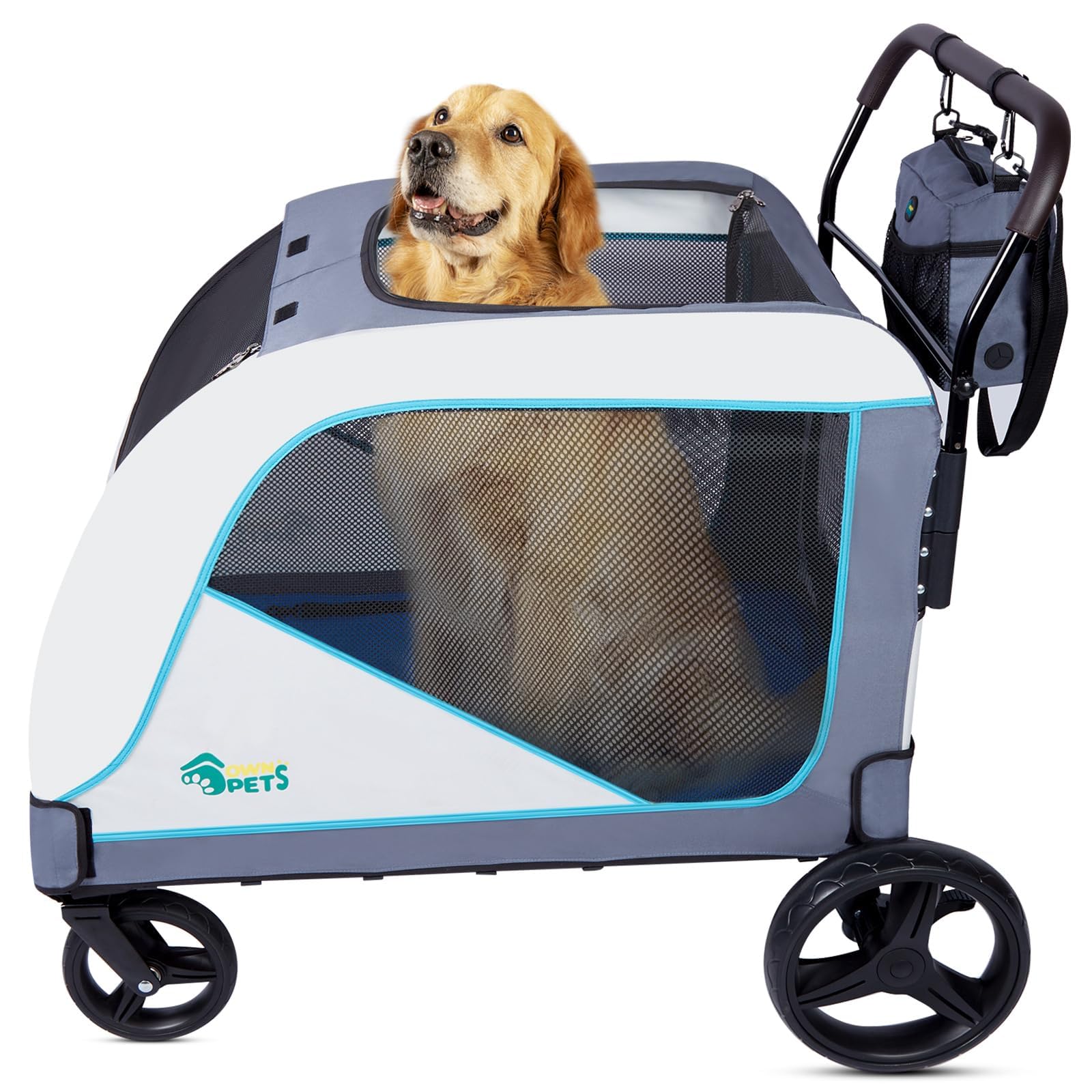 Ownpets Extra großer Hundebuggy für mittelgroße und große Hunde bis 70kg, mit Aufbewahrungstasche, verstellbarem Griff, atmungsaktives Netz, faltbar, 4 Gummi-Räder