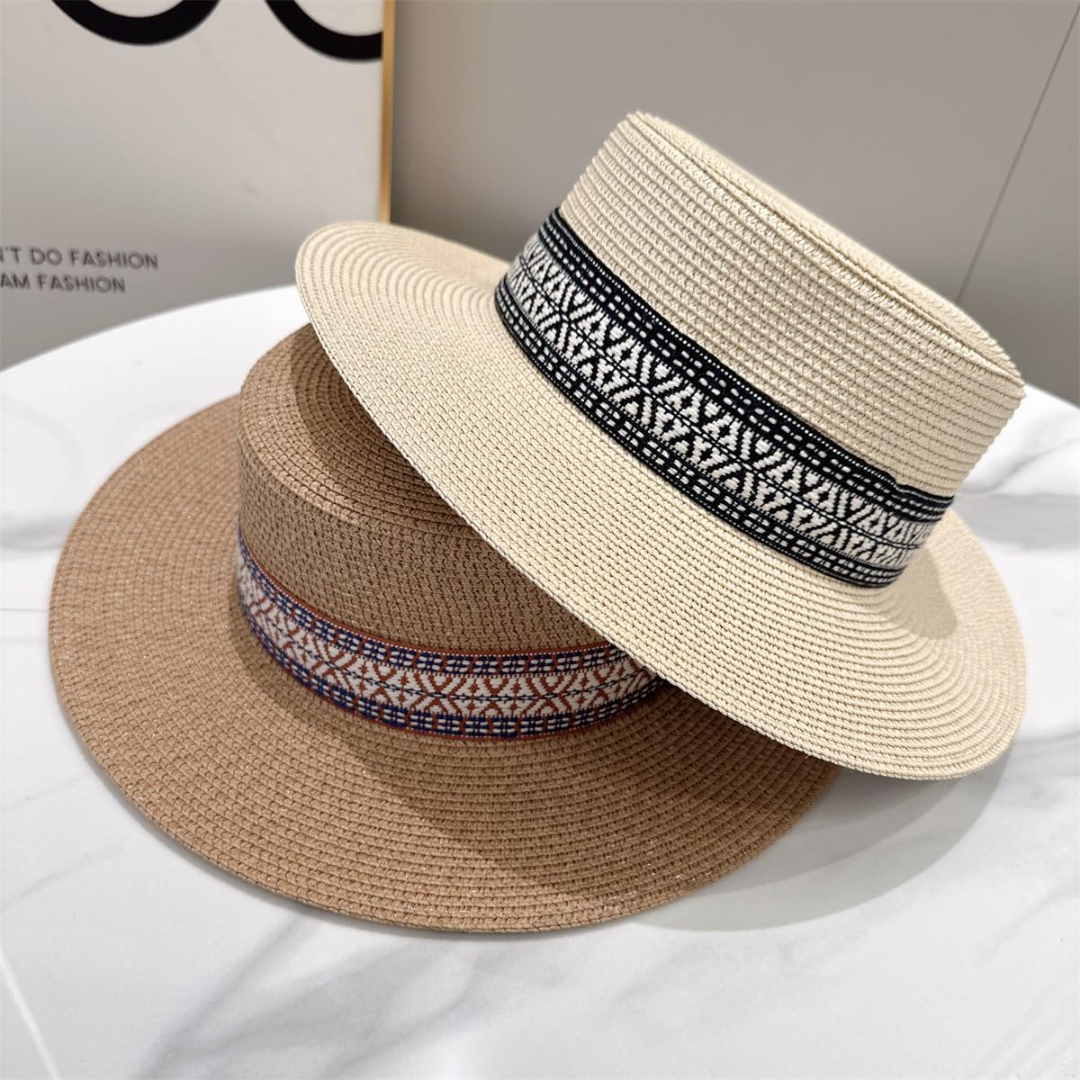 Sombrero de Paja Ajustable de Estilo Bohemio para Mujer,de Verano,con Parte Superior Plana,Transpirable,de ala Ancha,Ideal para Playa,Exteriores,Vacaciones y Viajes
