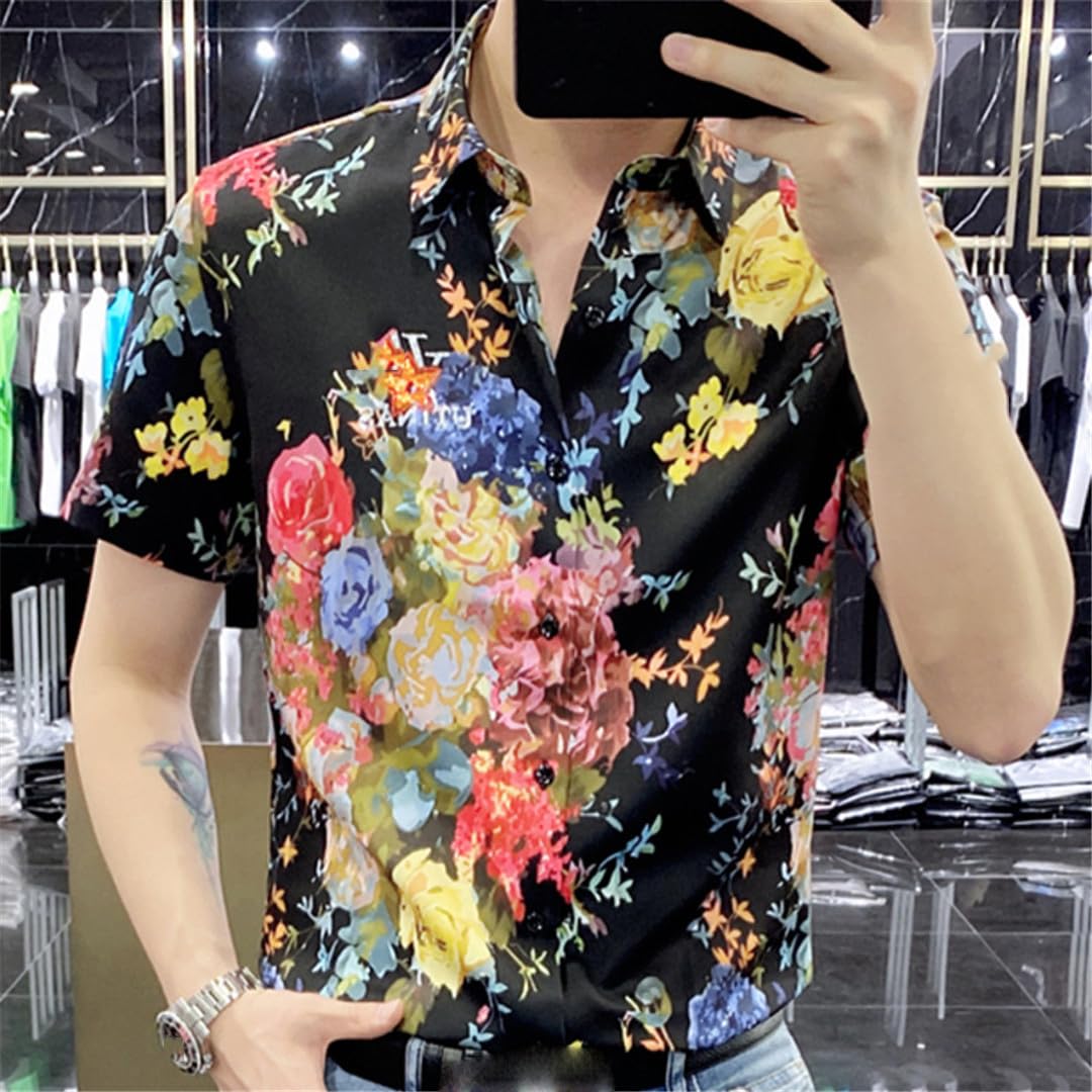 Yeuyyben Camicia A Maniche Corte da Uomo Slim Fit Estiva Camicia Floreale Camicie Eleganti da Lavoro Casual Abbigliamento da Uomo