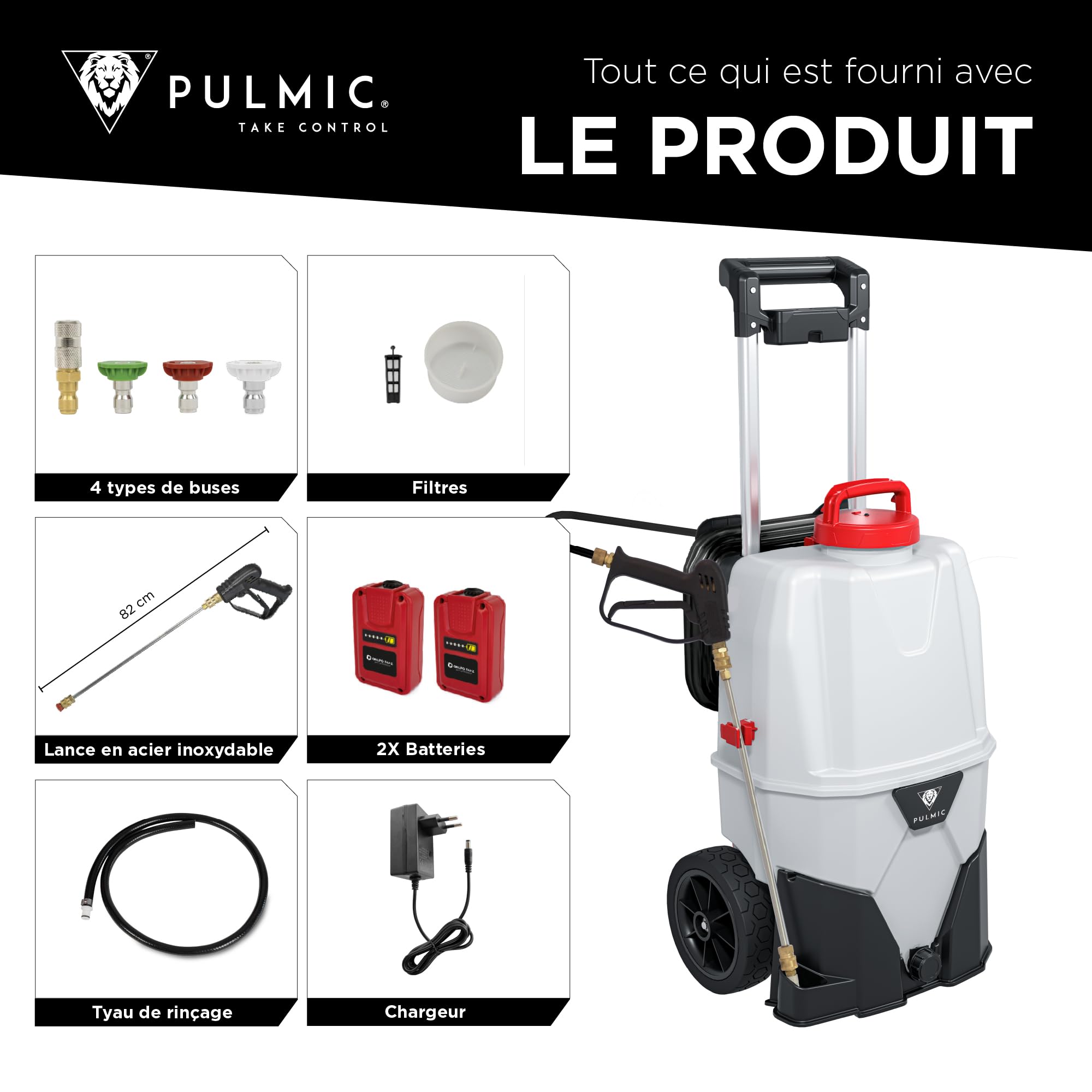 Pulmic Pulverizador a Presión Eléctrico Industrial 35L, 2 Baterías Litio 18V, 7 Bares, 3 Velocidades, Manguera 6M, Boquillas Rápidas, Pulverizador Químicos, Limpieza Tejados, Fachadas y Superficies