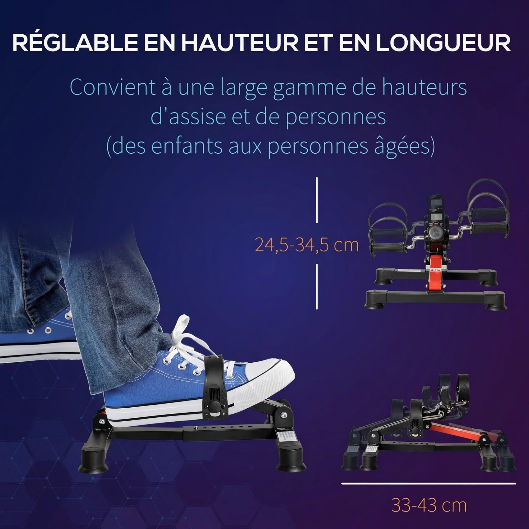 HOMCOM Pédalier d'appartement mini vélo d'appartement avec résistance réglable, écran LCD, hauteur et largeur réglables, pour entraînement des bras et des jambes, acier noir