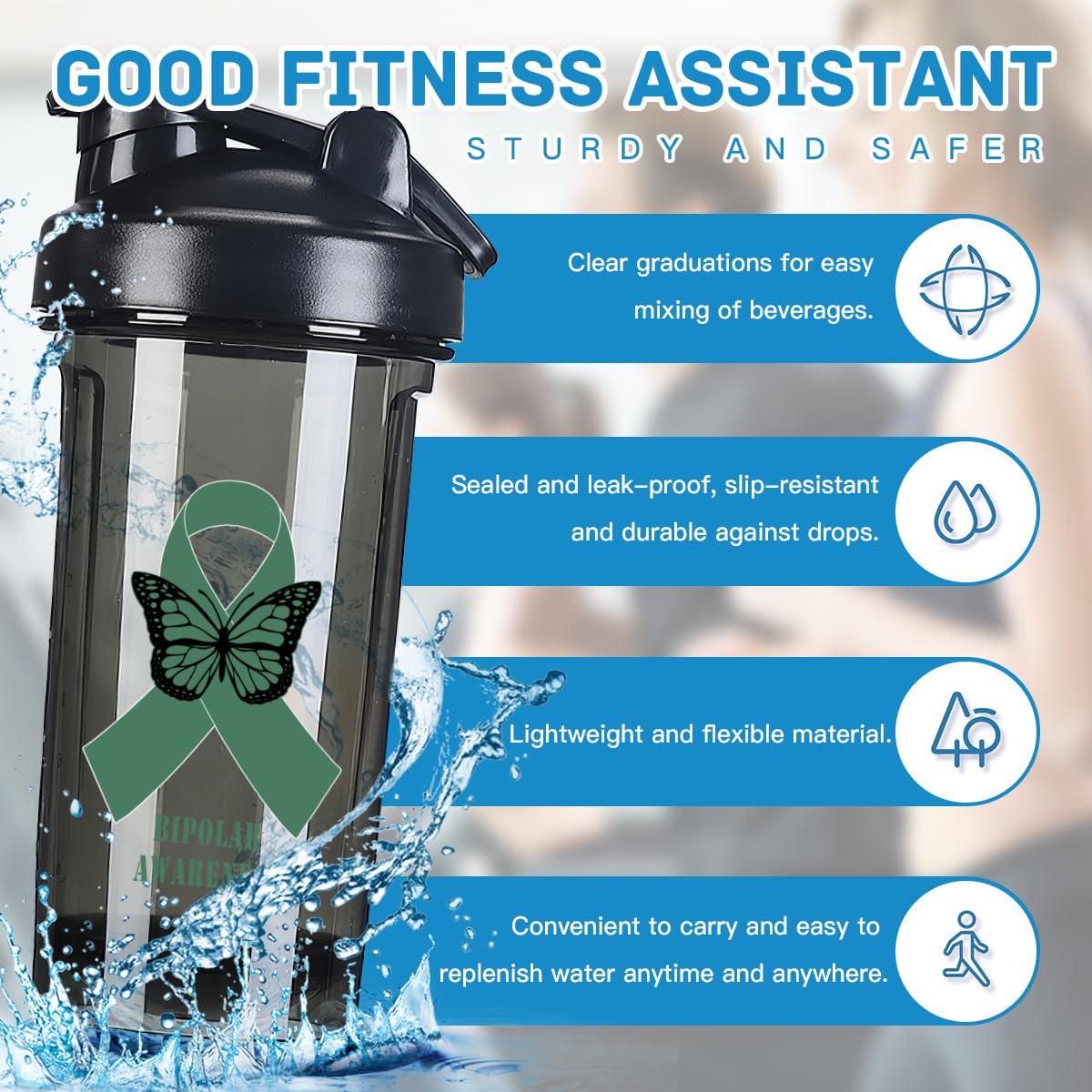 Bipolar Awareness 18 Ounce Shaker Bottle Drink Mixer Leak-proof Pre Workout Protein Shakes Meal Replacement Shakes Bottles 500ML/18 Oz Black