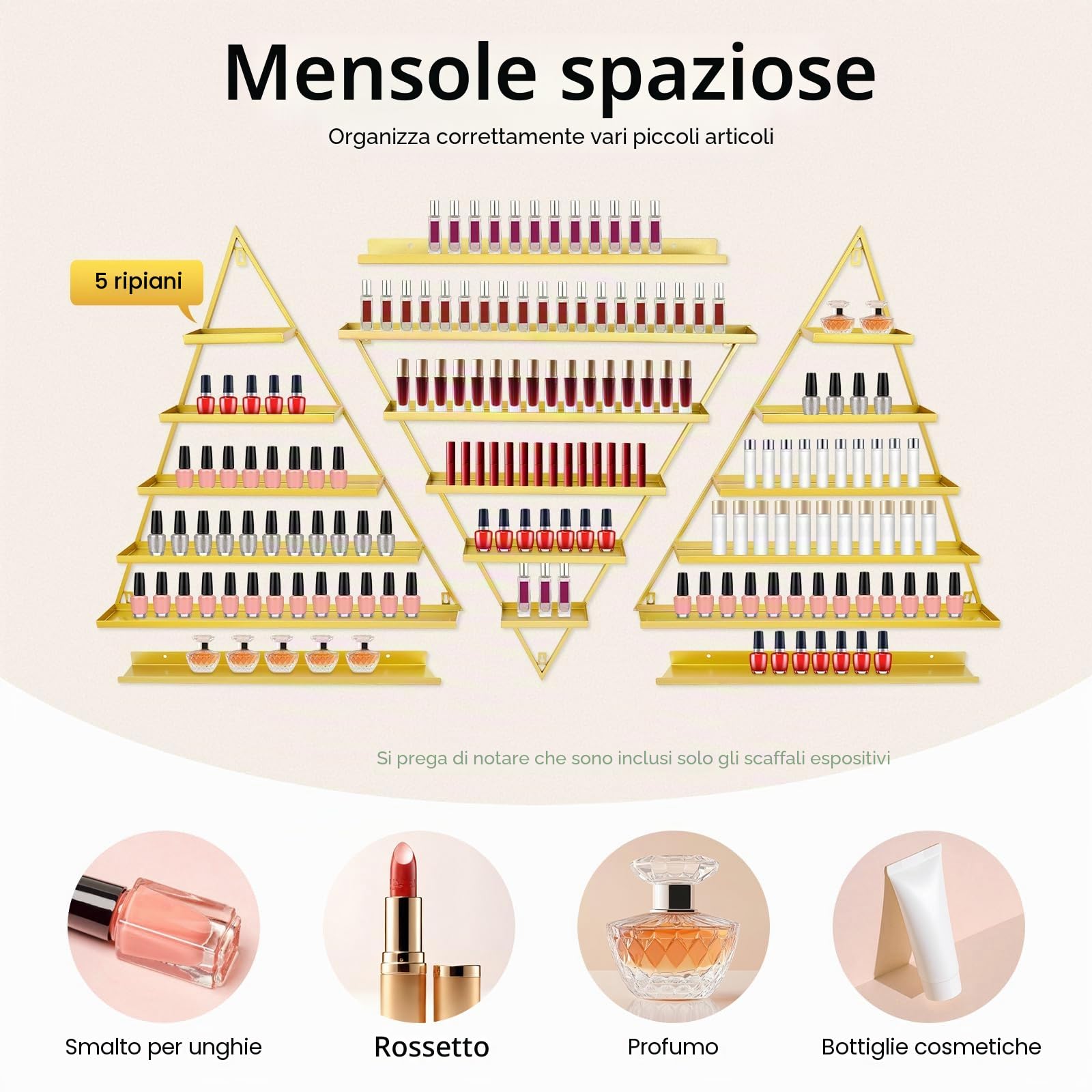 3 set di scaffalature per unghie, 5 ripiani, scaffali triangolari, scaffali in metallo, capacità di carico 50 kg, supporto per smalti a parete, per saloni di unghie, saloni, appartamenti,