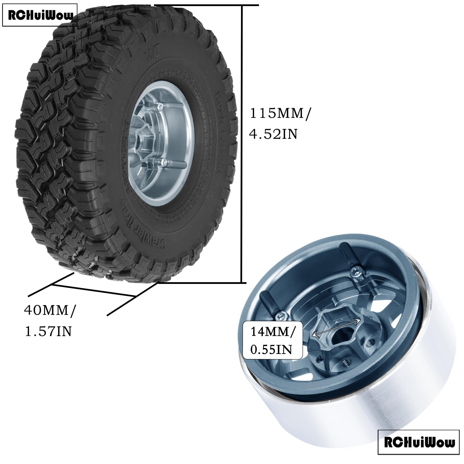 RCHuiWow 1.9" Beadlock Wheel & Tire Set (4pcs) - Aluminum Rims For 1/10 RC Crawlers Like TRX-4, SCX10, Orange