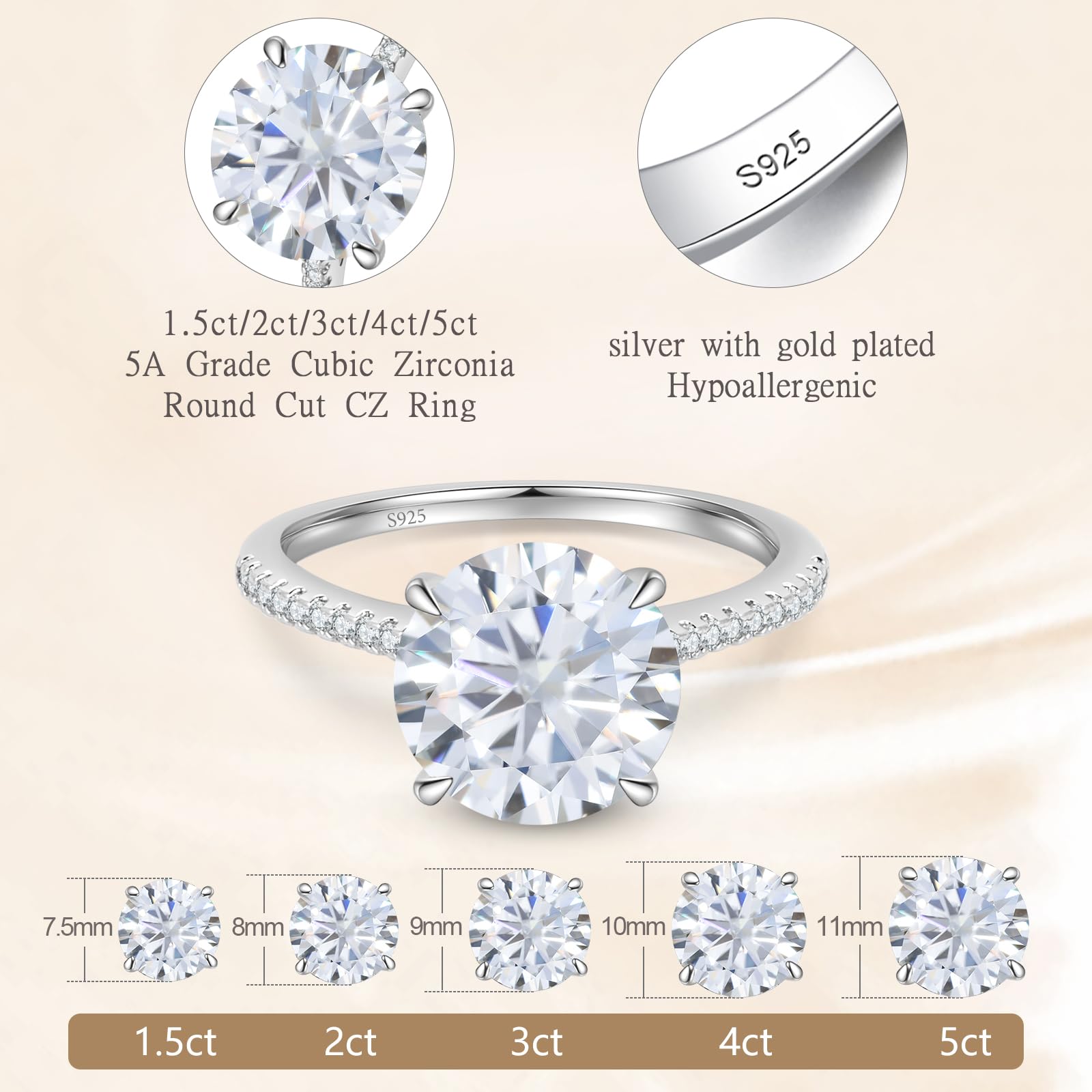 Anillos de compromiso de circonita cúbica para mujer, redondos, peras, óvalos, cojines, corte radiante, plata de ley 925, anillos de compromiso con chapado en oro blanco de 18 quilates, 2