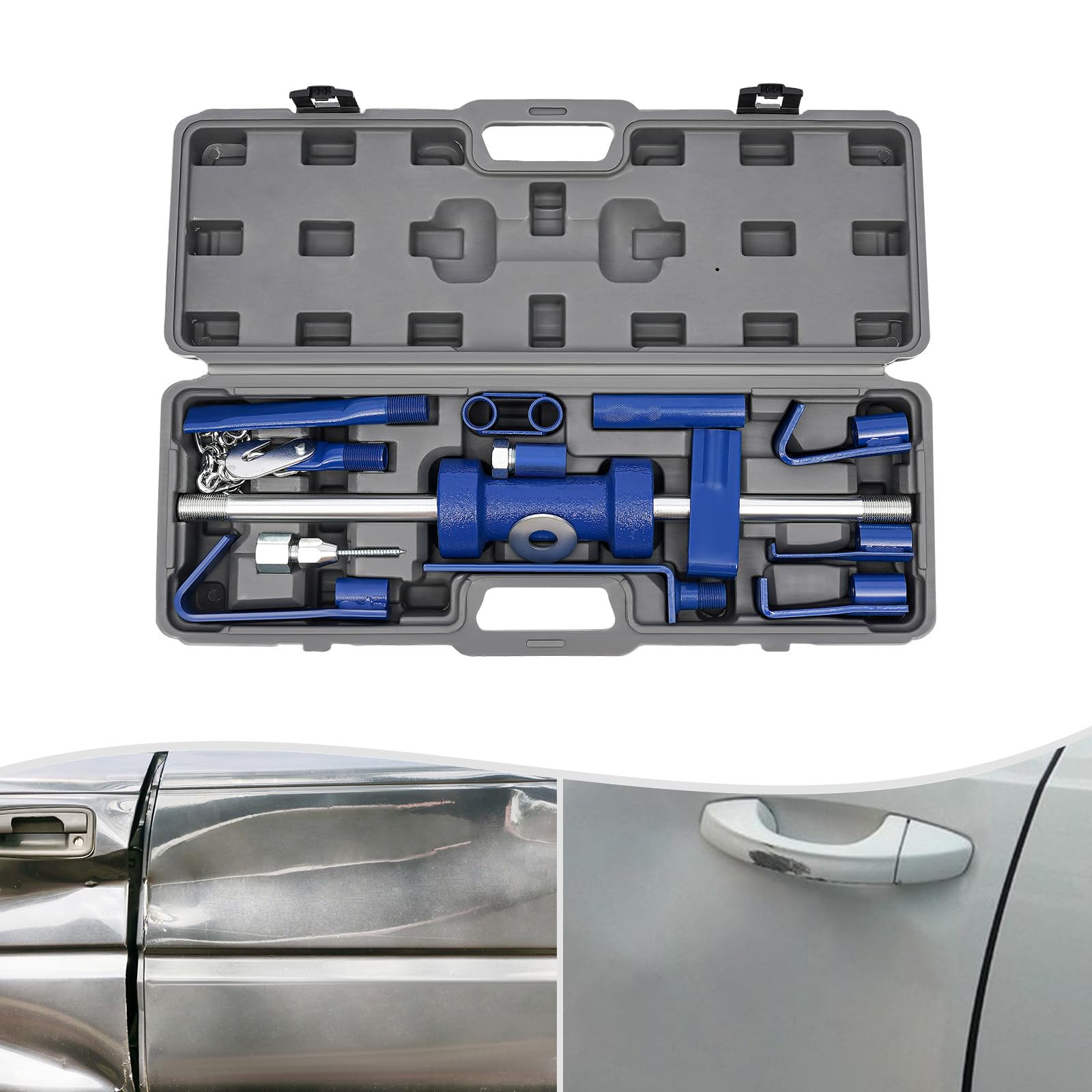 Set di martello scorrevole in valigetta, strumento di rimozione ammaccature per auto, senza vernice, martello a percussione da 58 cm e 5 ganci di trazione, kit di riparazione per ammaccature su porte
