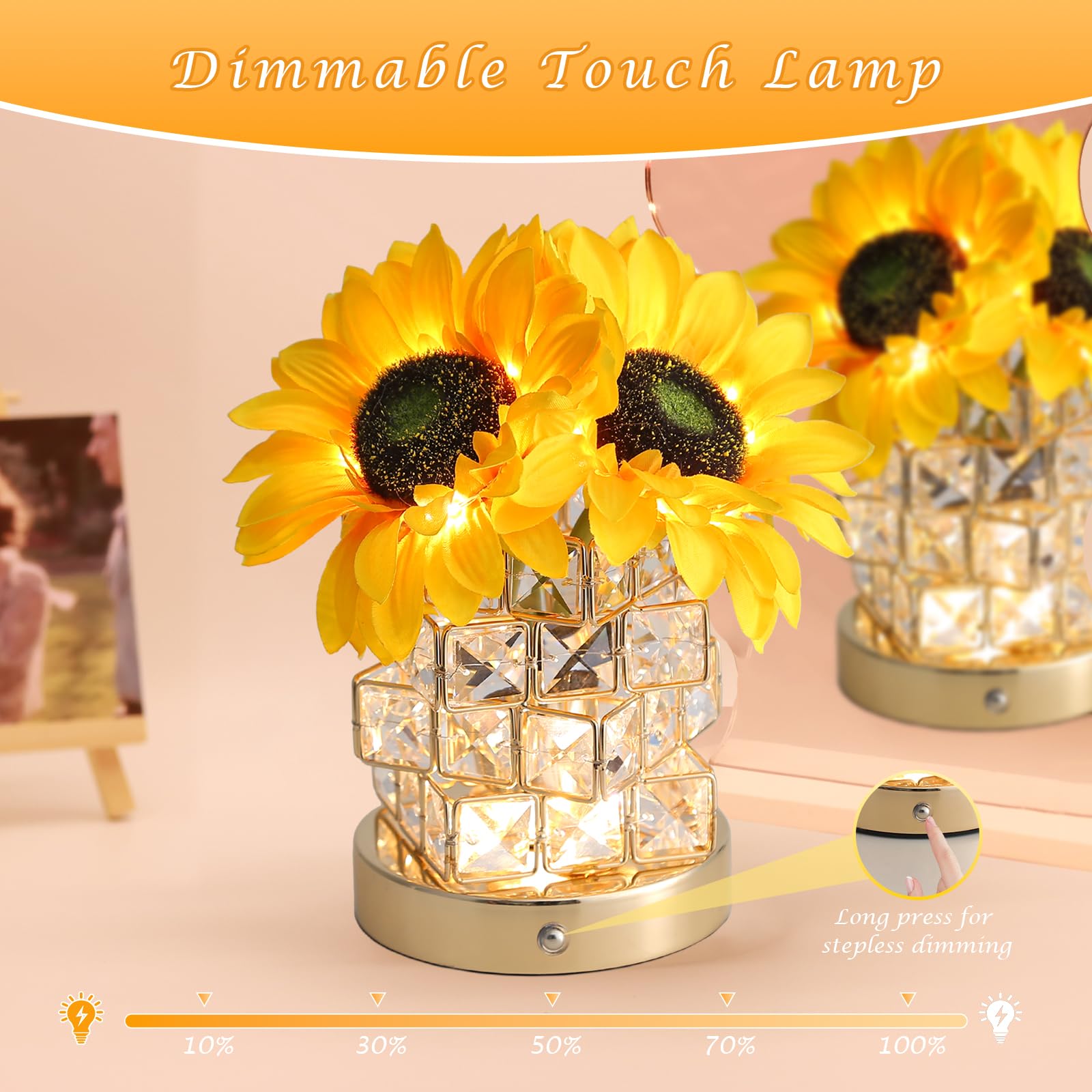 Lámpara táctil de girasoles, lámpara de mesa inalámbrica recargable, 3 colores, atenuación continua, pequeña luz nocturna, regalo para mamá para San Valentín, día de la madre, Navidad