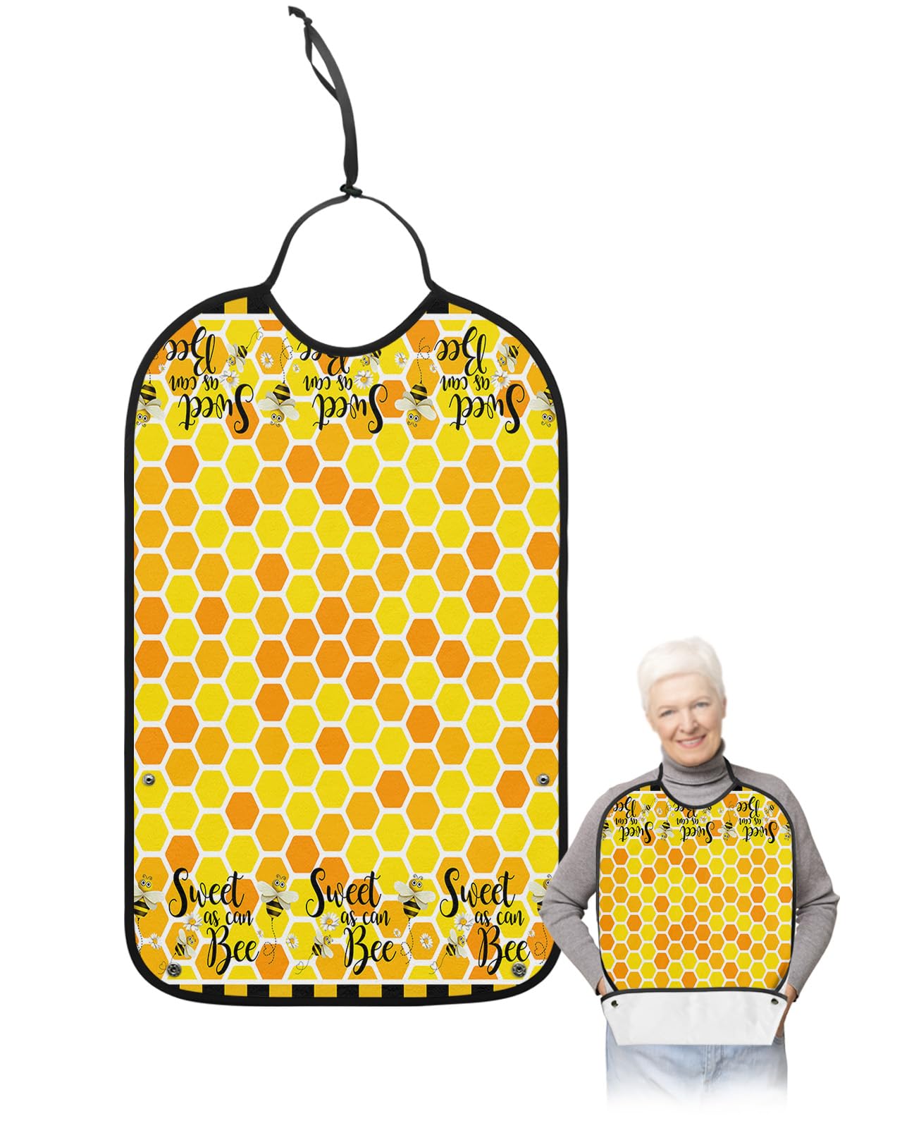 Kewadony Adult Bibs for Elderly Women - Honey Hive Bees Waterproof Dining Clothing Protectors with Crumb Catcher for Eating/Feeding, Yellow Geometric Striped Terry Cloth Bib Machine Washable