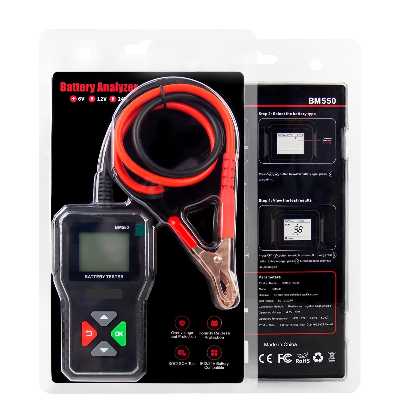 Comprobador Del Probador De BateríA De Coche, BM550 Probador de batería de coche 6V 12V 24V 100-2000 CCA 2 Sistema de batería AH-220AH detectó la herramienta de batería de automóvil analizador de bate