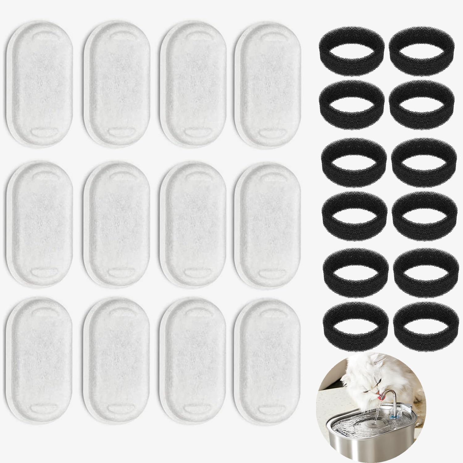 Filtro Fuente para Gatos, Filtro Bebedero Gatos Fuente,12 Filtros De Carbón y 12 Esponjas De Espuma, para 3,2 l Fuentes de Acero Inoxidable
