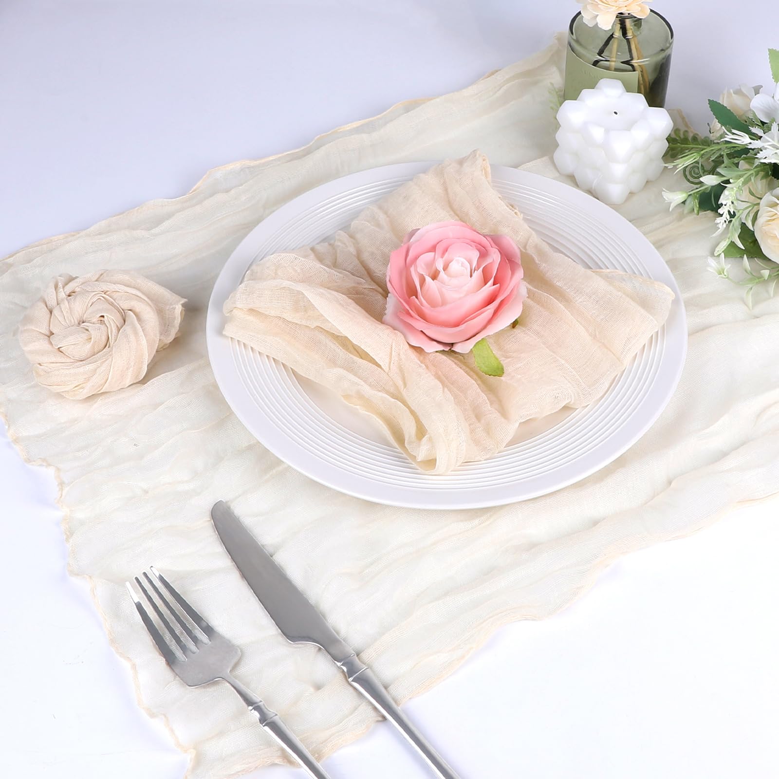LALAGO 30pcs Serviette en Gaze de Coton Beige 50cm, Serviettes de Table en Tissu Froissé, Vintage Boho Teinté à La Main Coton Carré, Rustiques Bohèmes pour Fêtes, Réceptions, Fêtes de Mariage