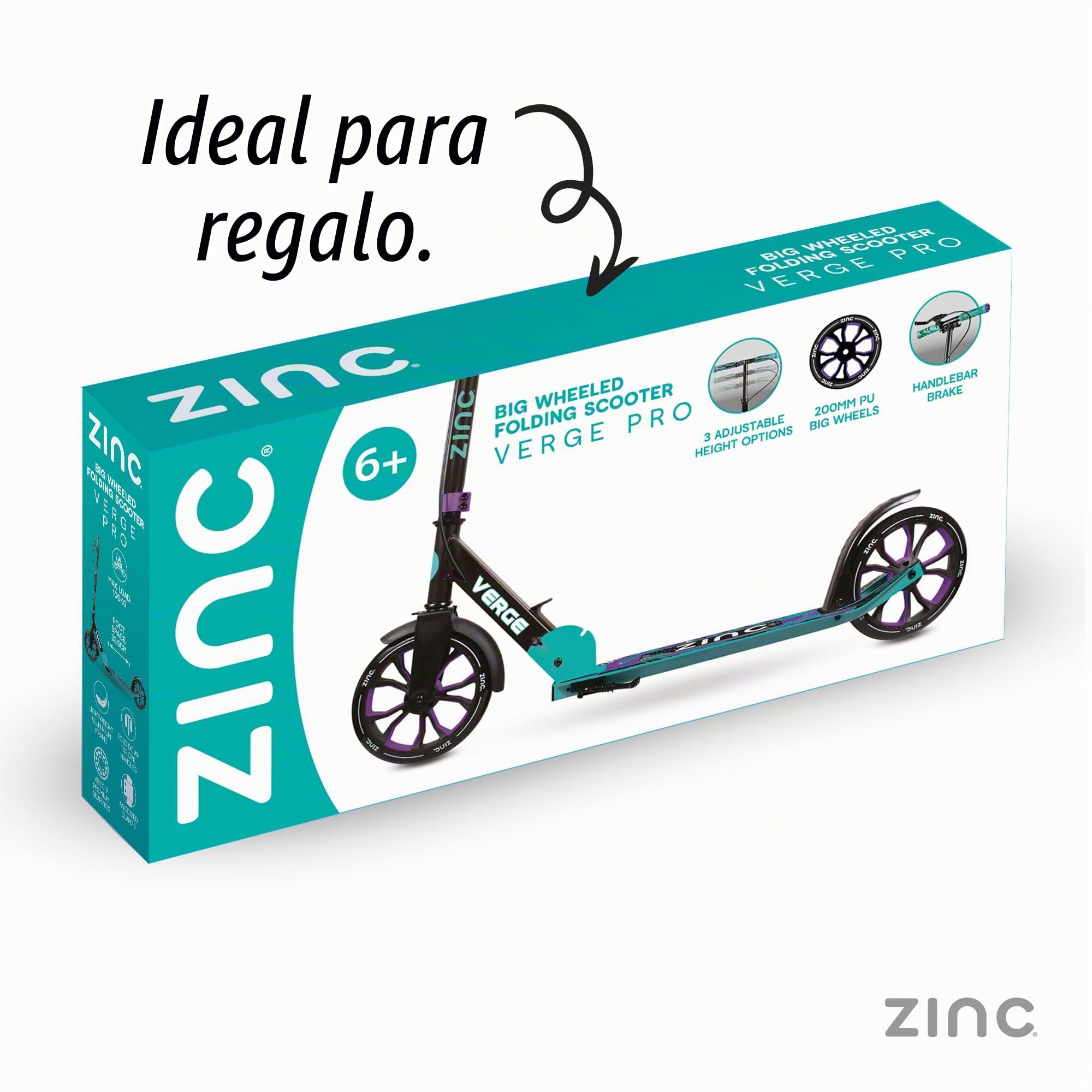 Zinc Kids Scooter – Big Wheel Kick Scooter for Ages 6+, Foldable 2-Wheel Scooter with 200mm Wheels, Lightweight, Height Adjustable, Rear Footbrake, Supports up to 100kg