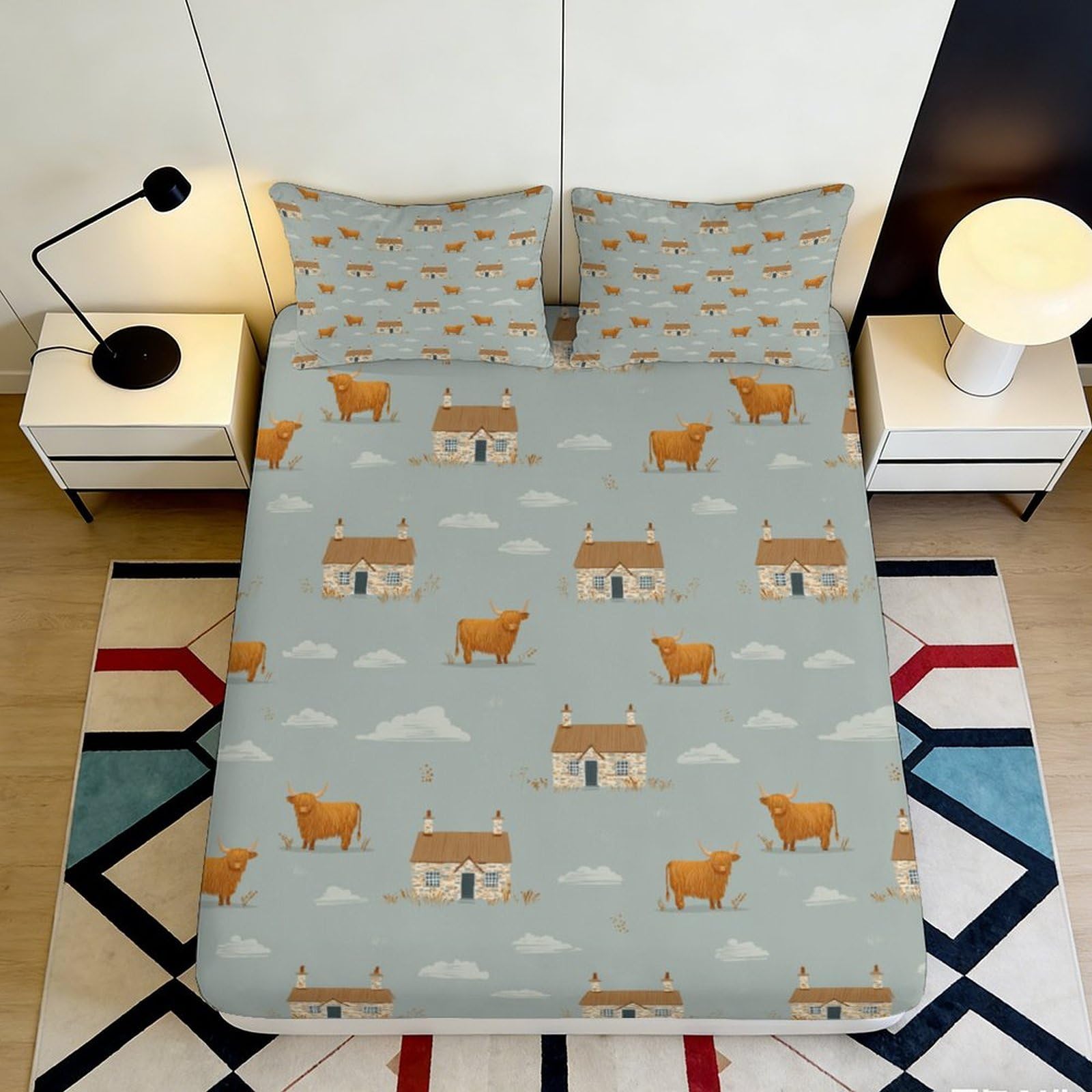 3D Printed Cartoon Cow Fitted Sheet Microfiber Soft Farm House Mattress Cover for Bedroom Dorm Mattress Protection Decor 90x200x25cm
