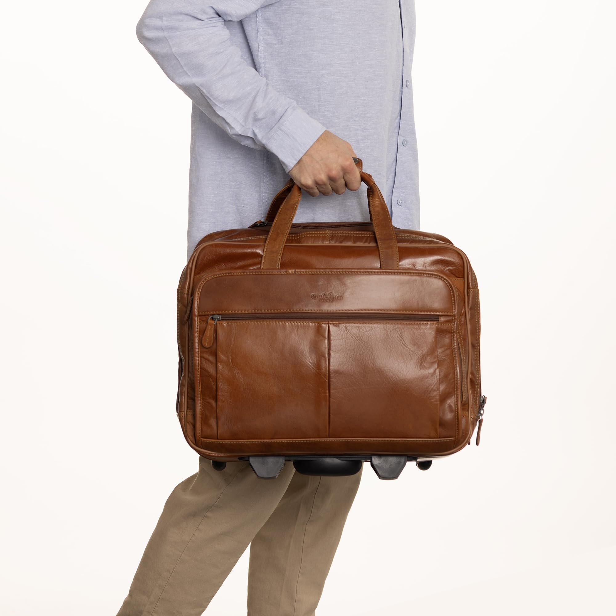 Gusti Leder Trolley Rollkoffer Handgepäck – Echtes Leder Cabin Suitcase mit Rollen – Business Trolley & Aktentasche mit Laptopfach für Reisen und Arbeit