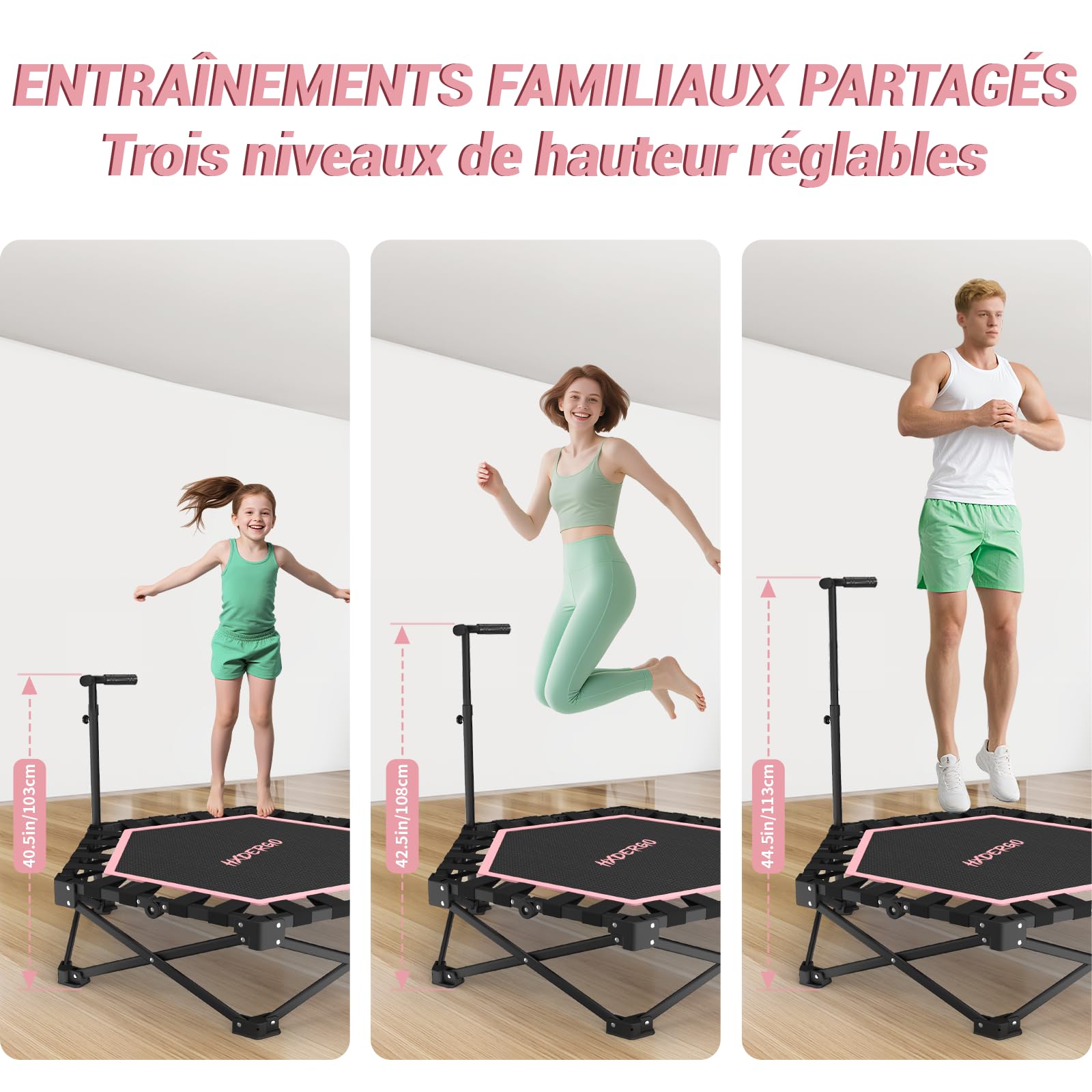HXD-ERGO Trampoline de Fitness avec poignées réglables, Mini Trampoline de Saut Pliable pour Adultes, diamètre 106 cm